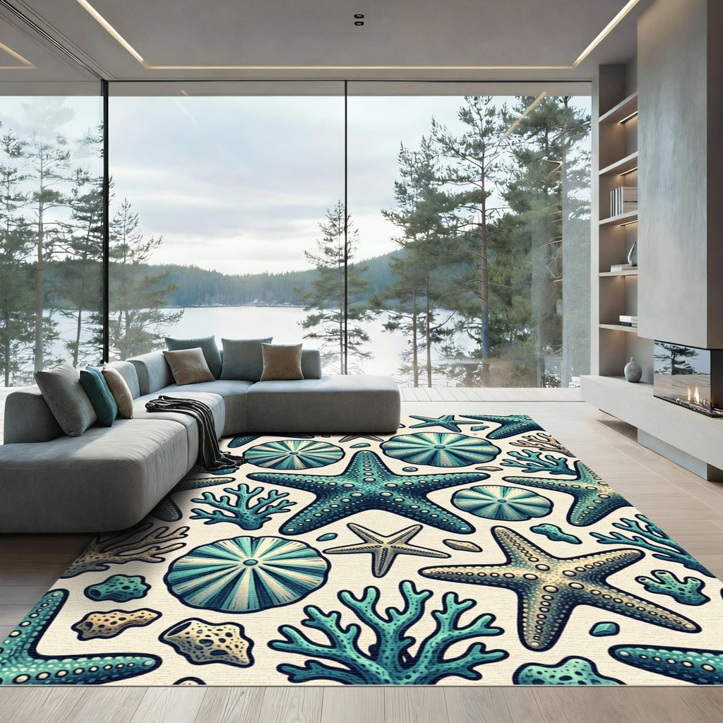 Coastal Teal Starfish Coral Scene Rug