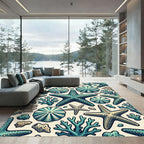 Coastal Teal Starfish Coral Scene Rug