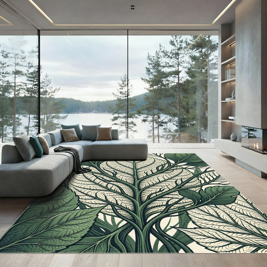 Emerald Green Botanical Leaf Vein Rug