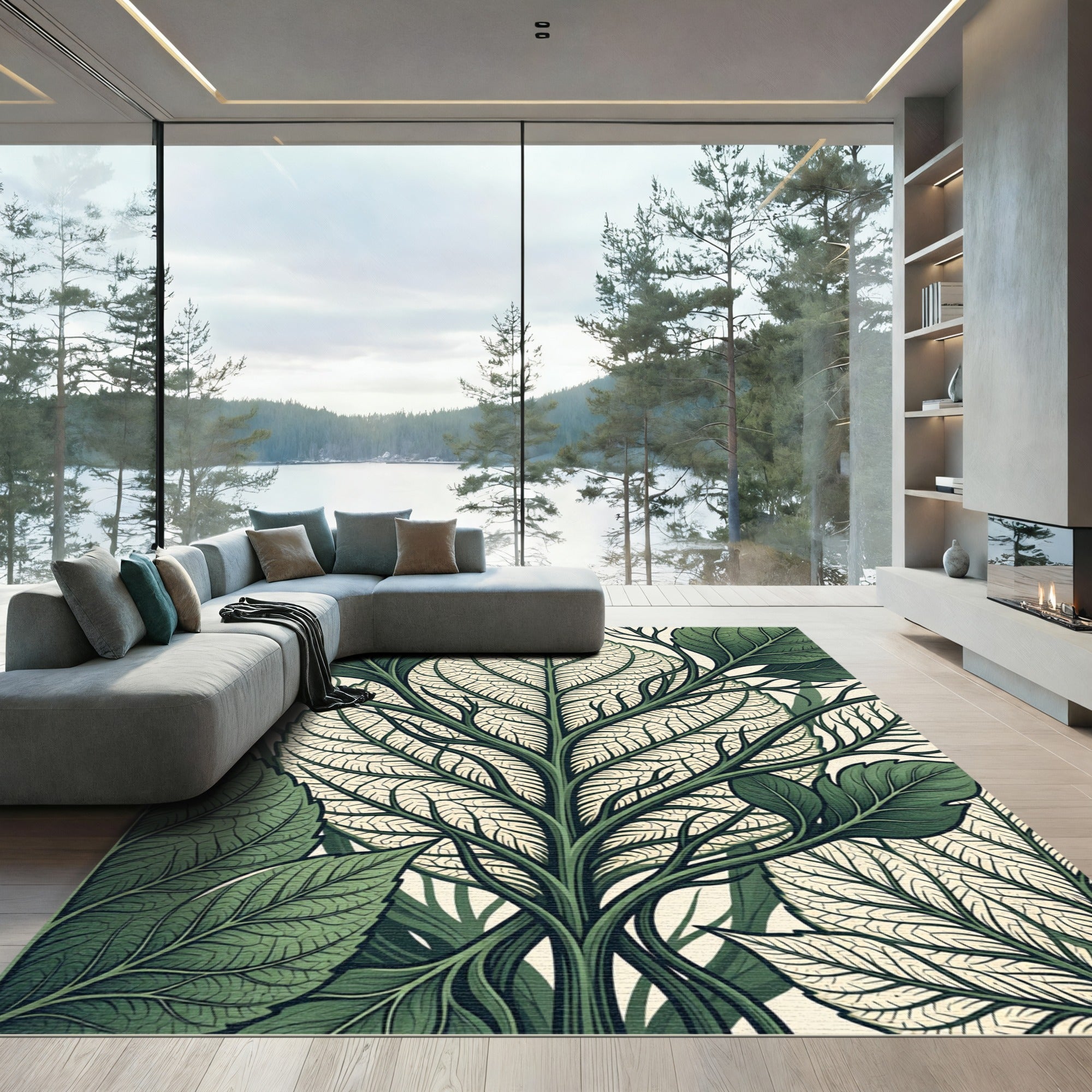 Emerald Green Botanical Leaf Vein Rug