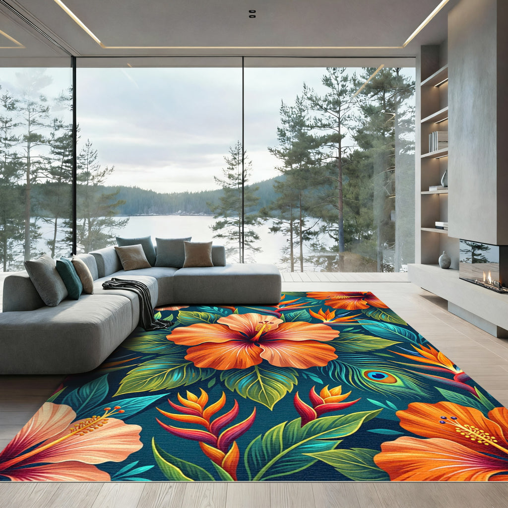 Vibrant Tropical Hibiscus Bird of Paradise Rug