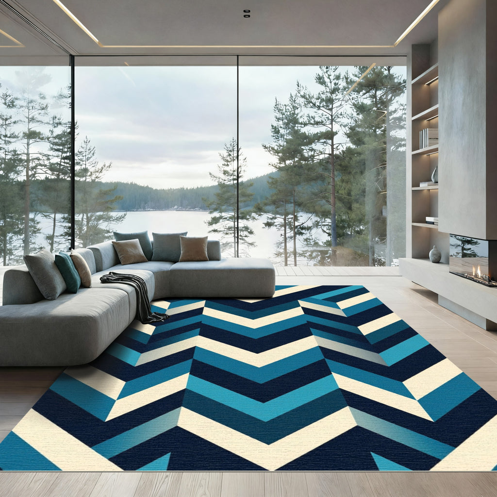 Modern Navy and Azure Chevron Geometric Rug