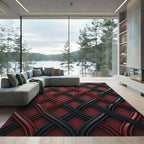 Interwoven Crimson and Charcoal Wave Lattice Rug