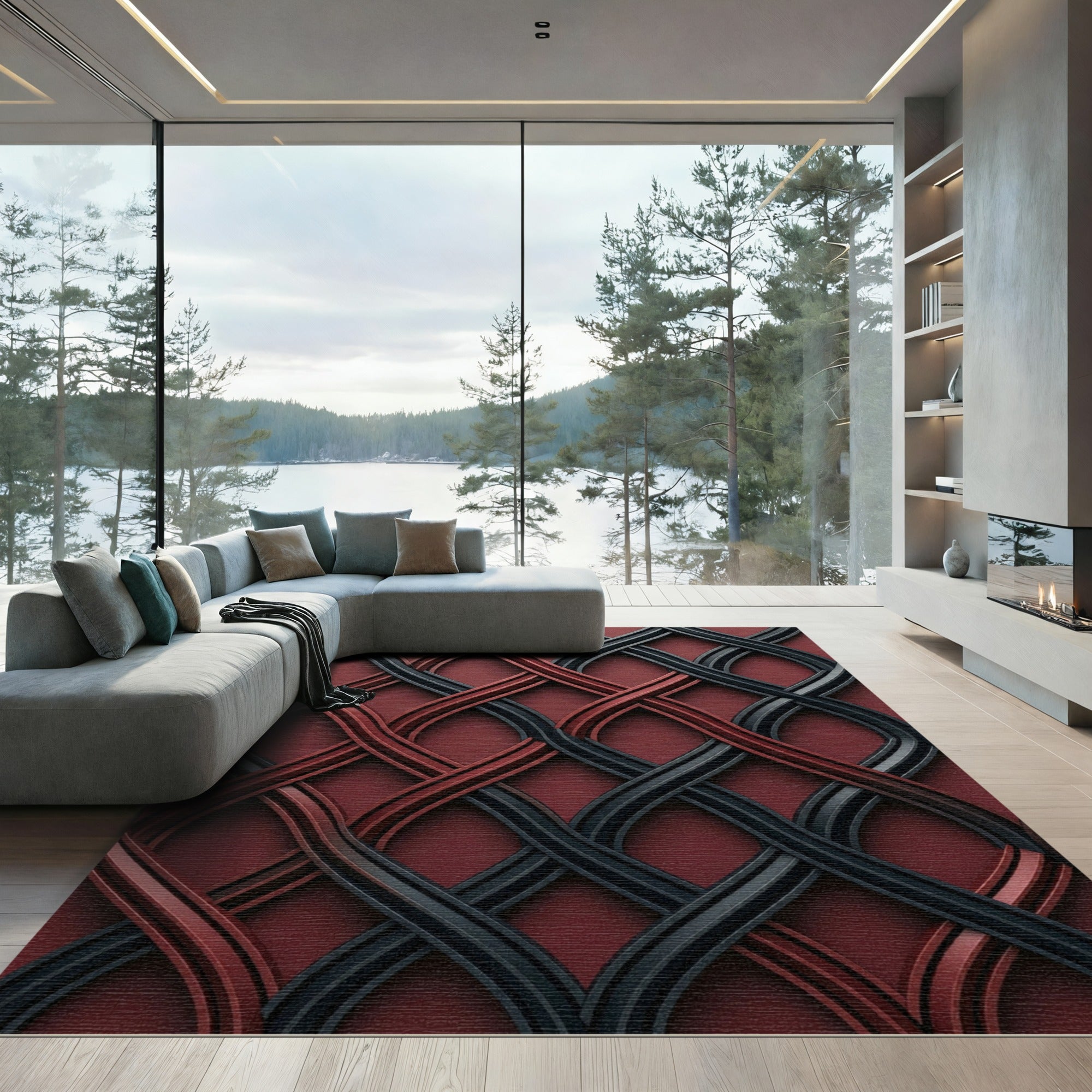 Interwoven Crimson and Charcoal Wave Lattice Rug