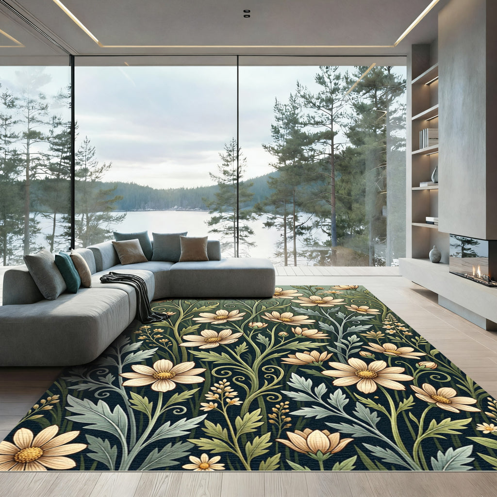 Sage Green Cream Botanical Meadow Illustration Rug