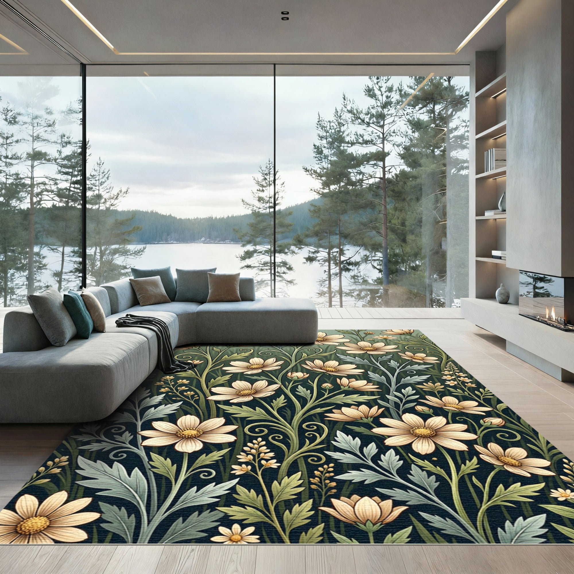 Sage Green Cream Botanical Meadow Illustration Rug