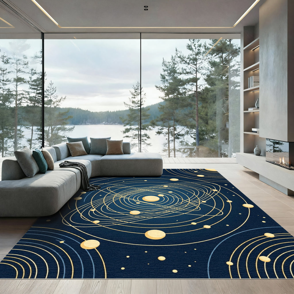 Celestial Gold Orbit Navy Spheres Rug