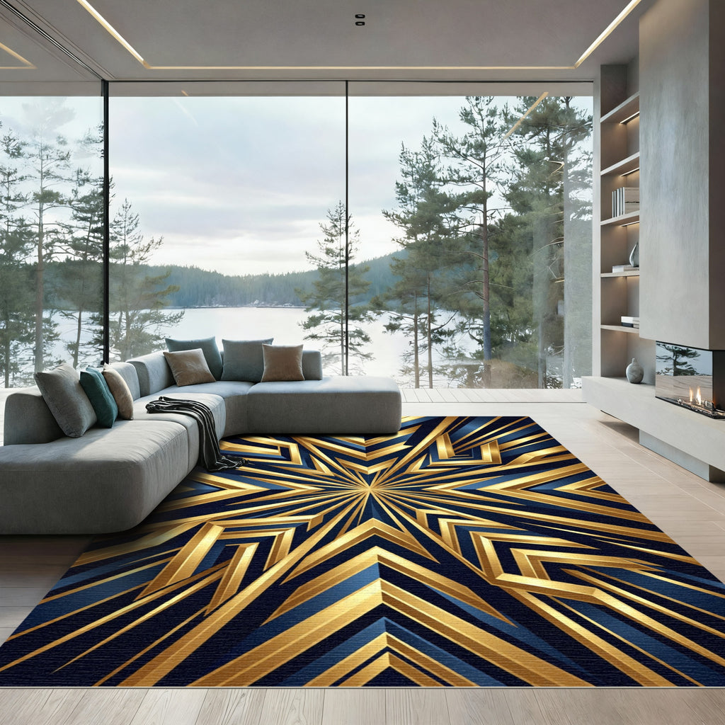 Golden Geometric Starburst Navy Accents Rug