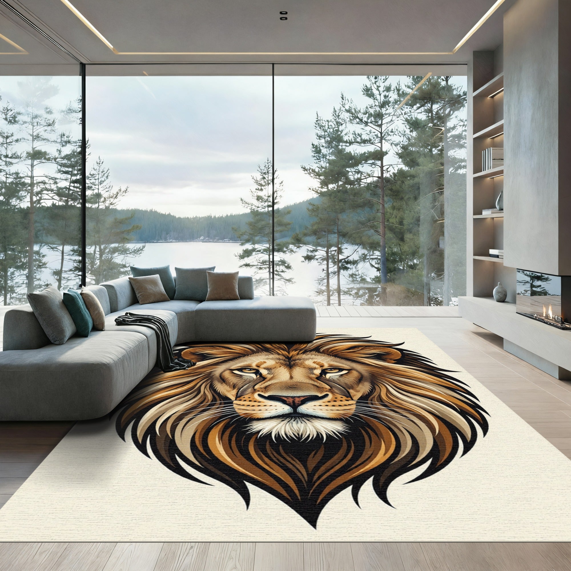 Majestic Golden Lion Head Portrait Rug