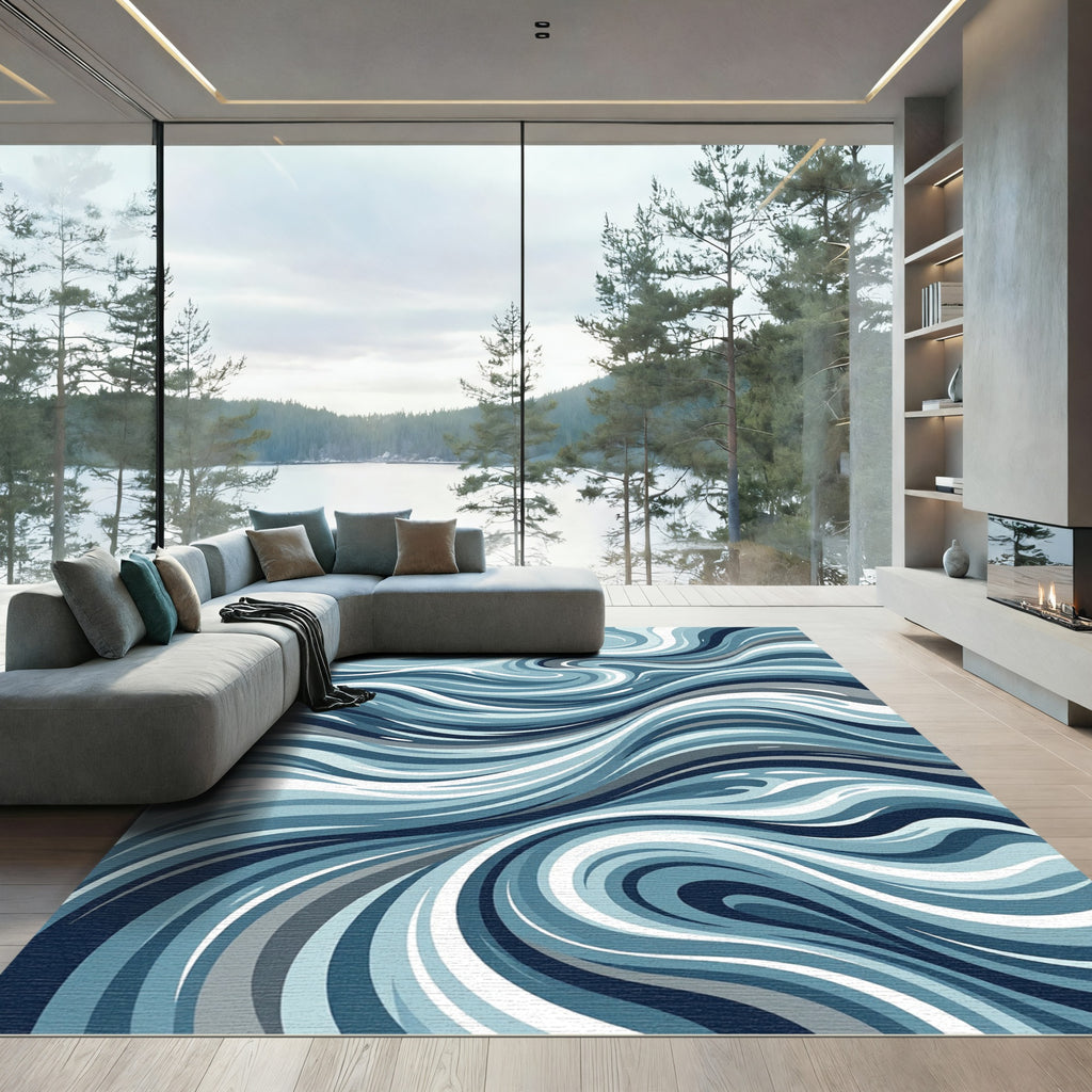 Abstract Flowing Ocean Swirl Blue Rug