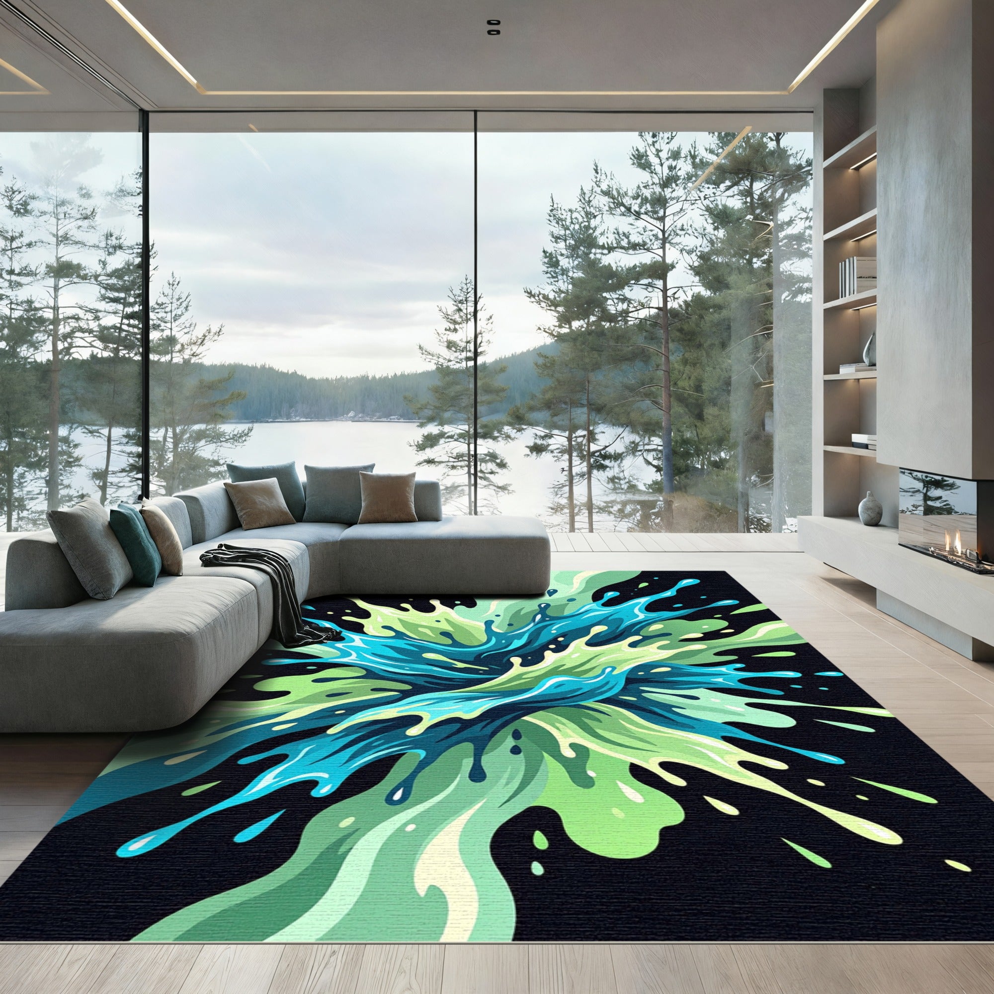 Vibrant Emerald Blue Liquid Splash Art Rug