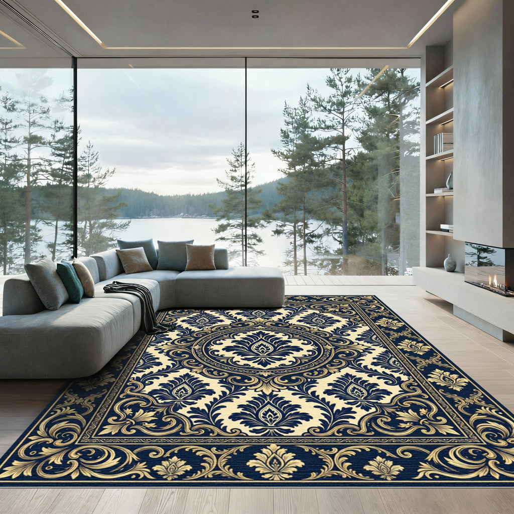 Elegant Navy Gold Damask Floral Medallion Rug
