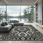Elegant Navy Gold Damask Floral Medallion Rug