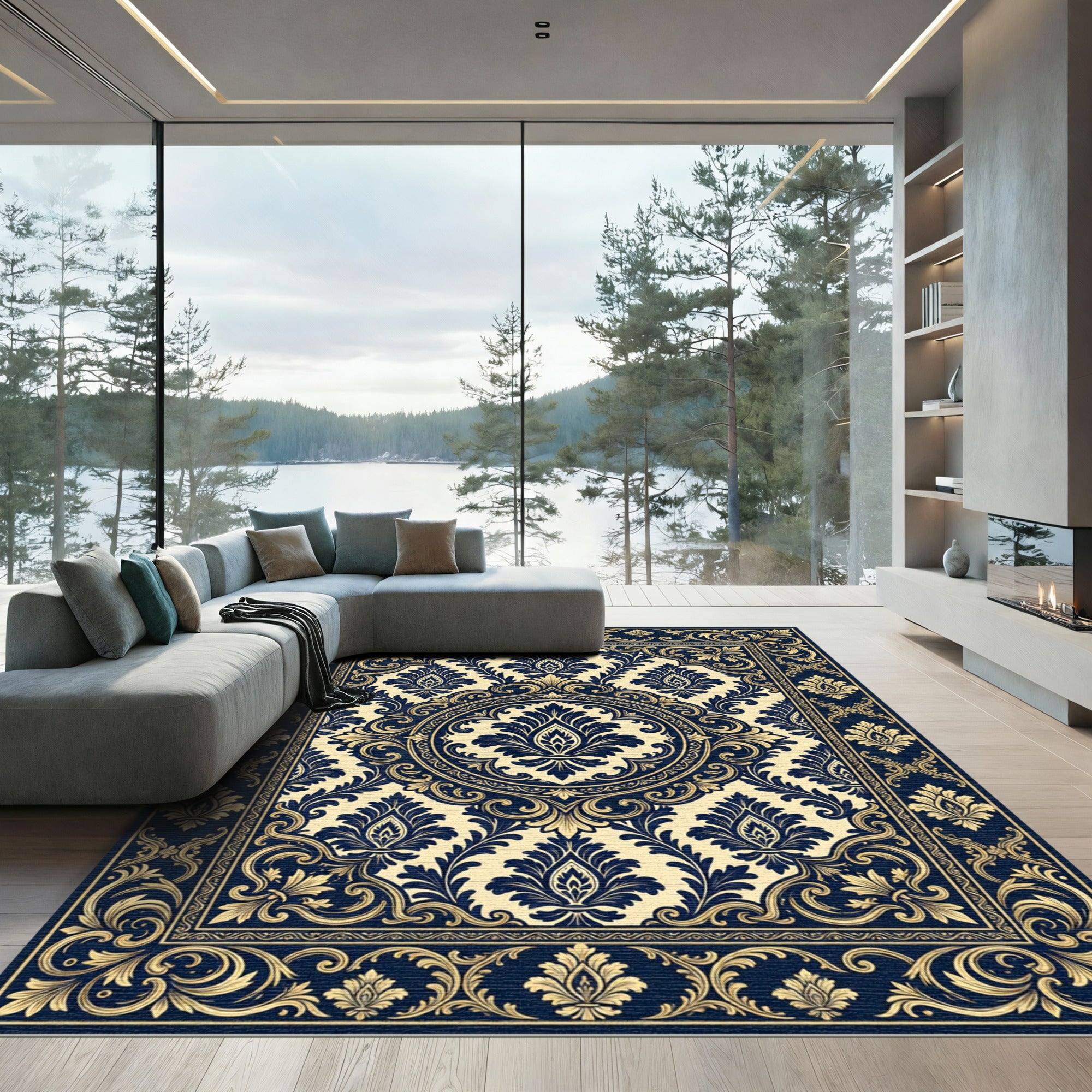 Elegant Navy Gold Damask Floral Medallion Rug