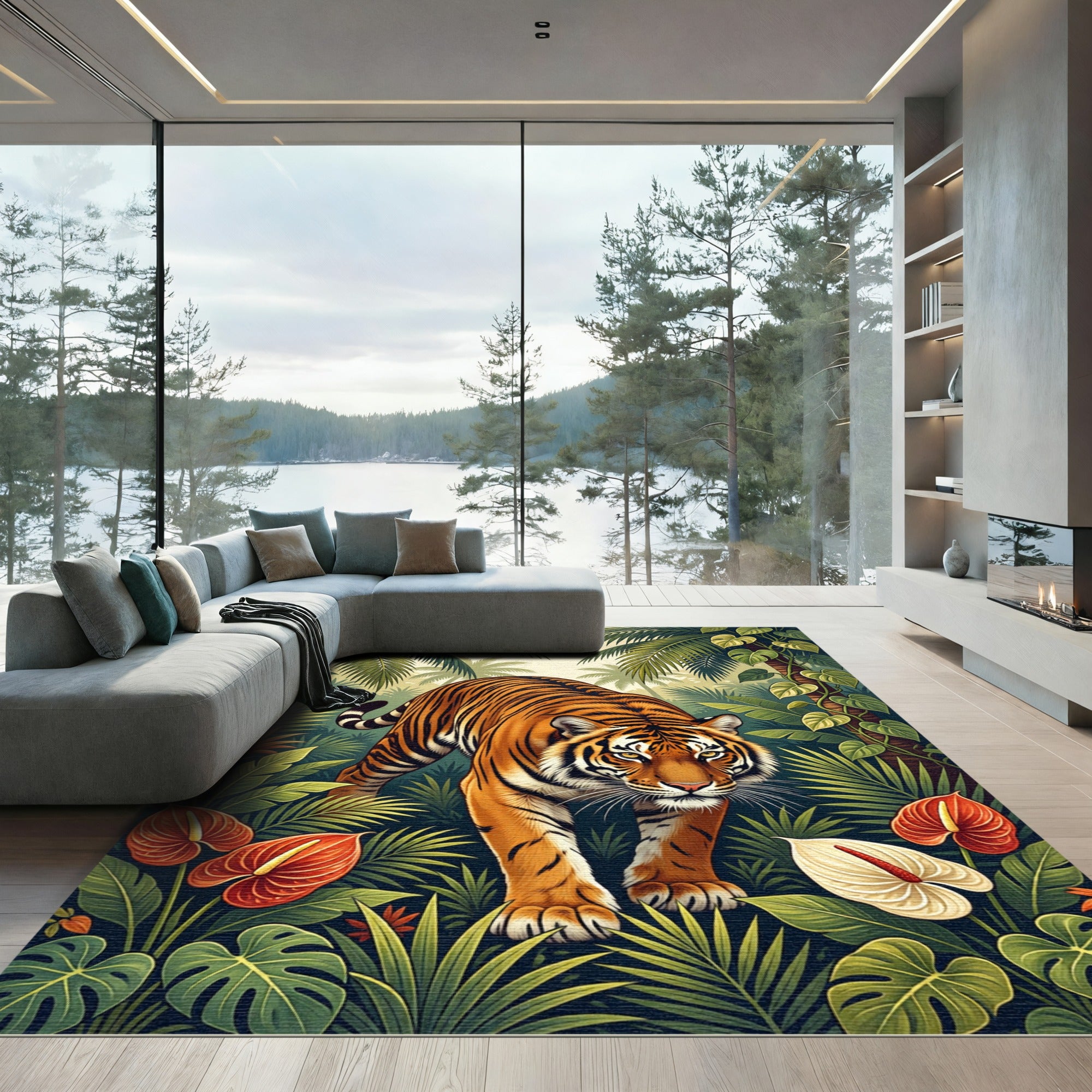 Lush Jungle Tiger with Tropical Blooms Rug