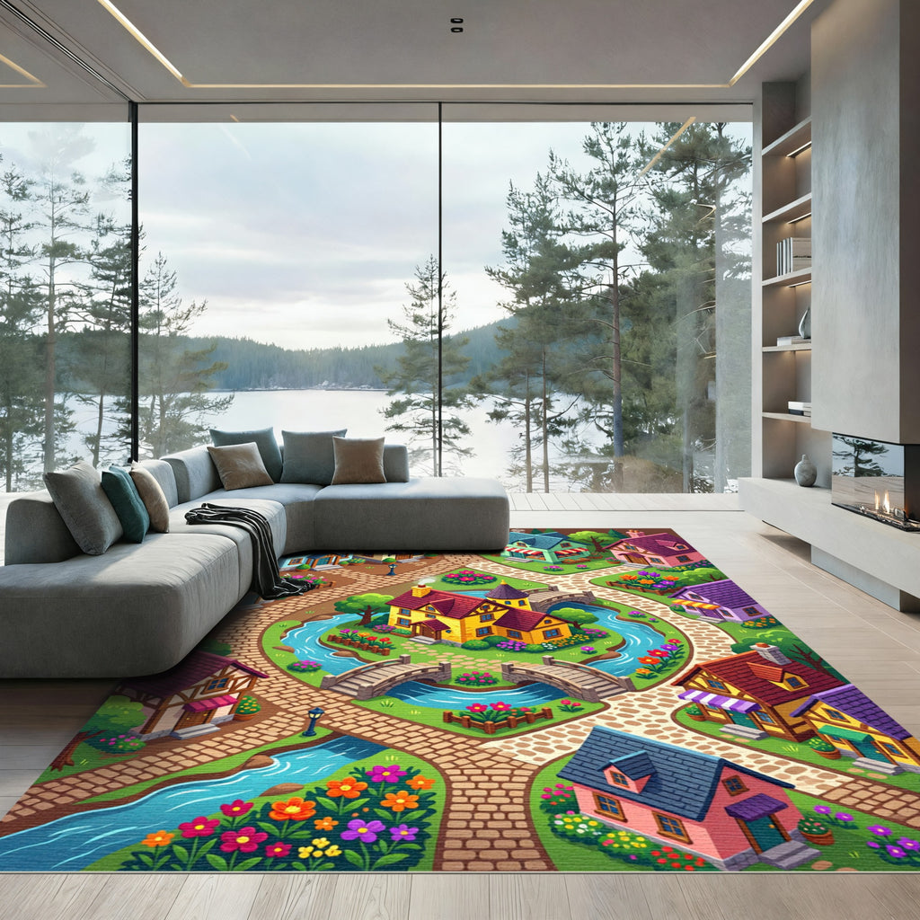 Whimsical Storybook Village Garden Landscape Rug