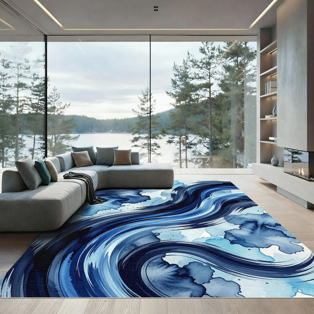 Indigo Brushstroke Abstract Wave Rug