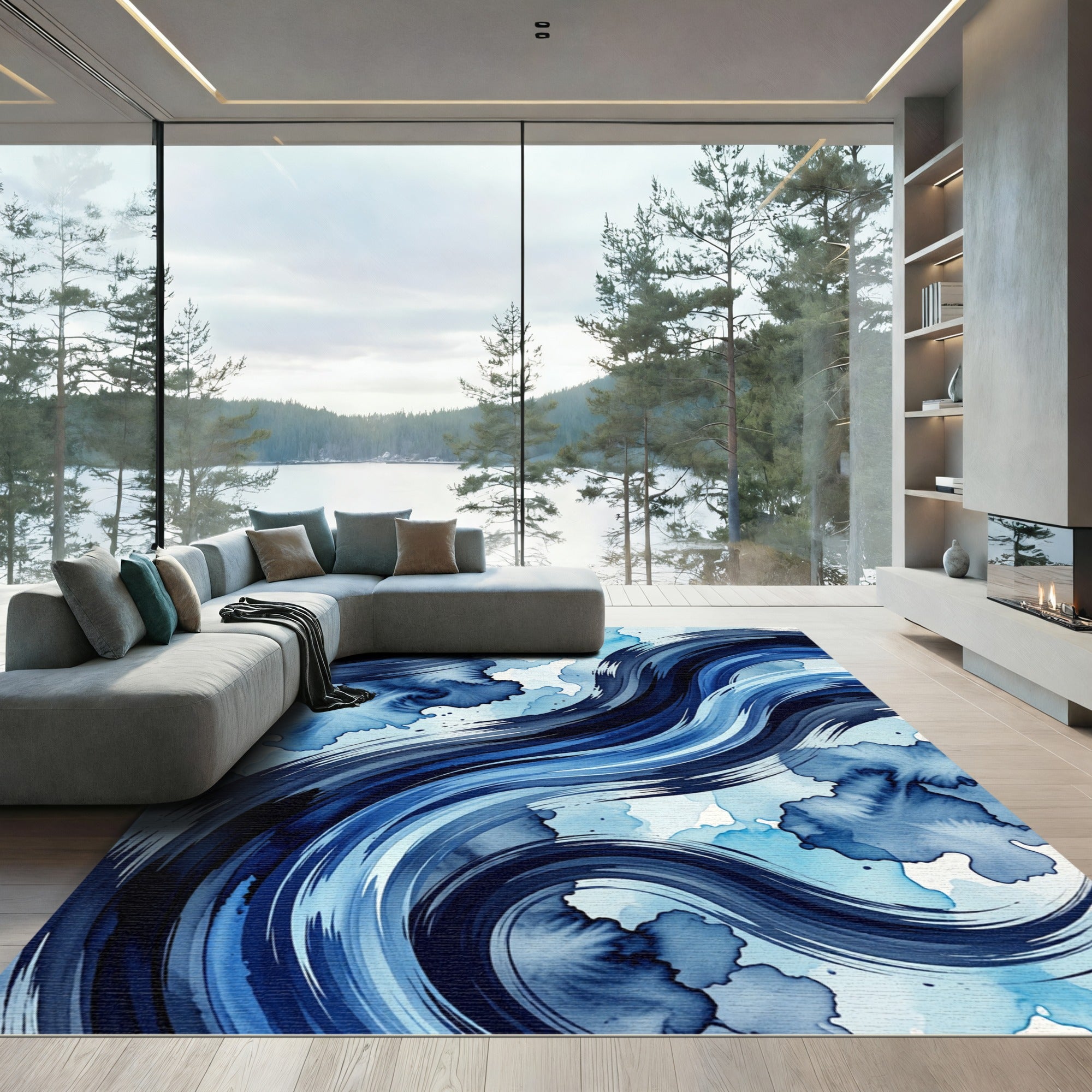 Indigo Brushstroke Abstract Wave Rug