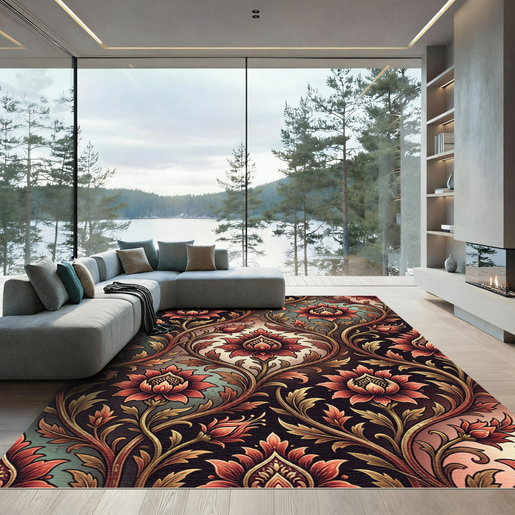 Vintage Crimson Floral Scrolling Vine Rug