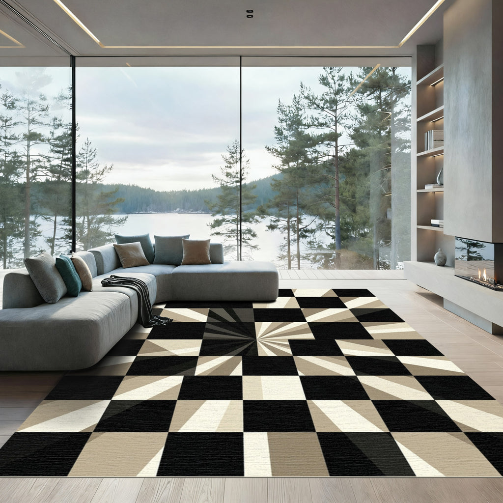 Modern Monochrome Geometric Radiant Checkerboard Rug
