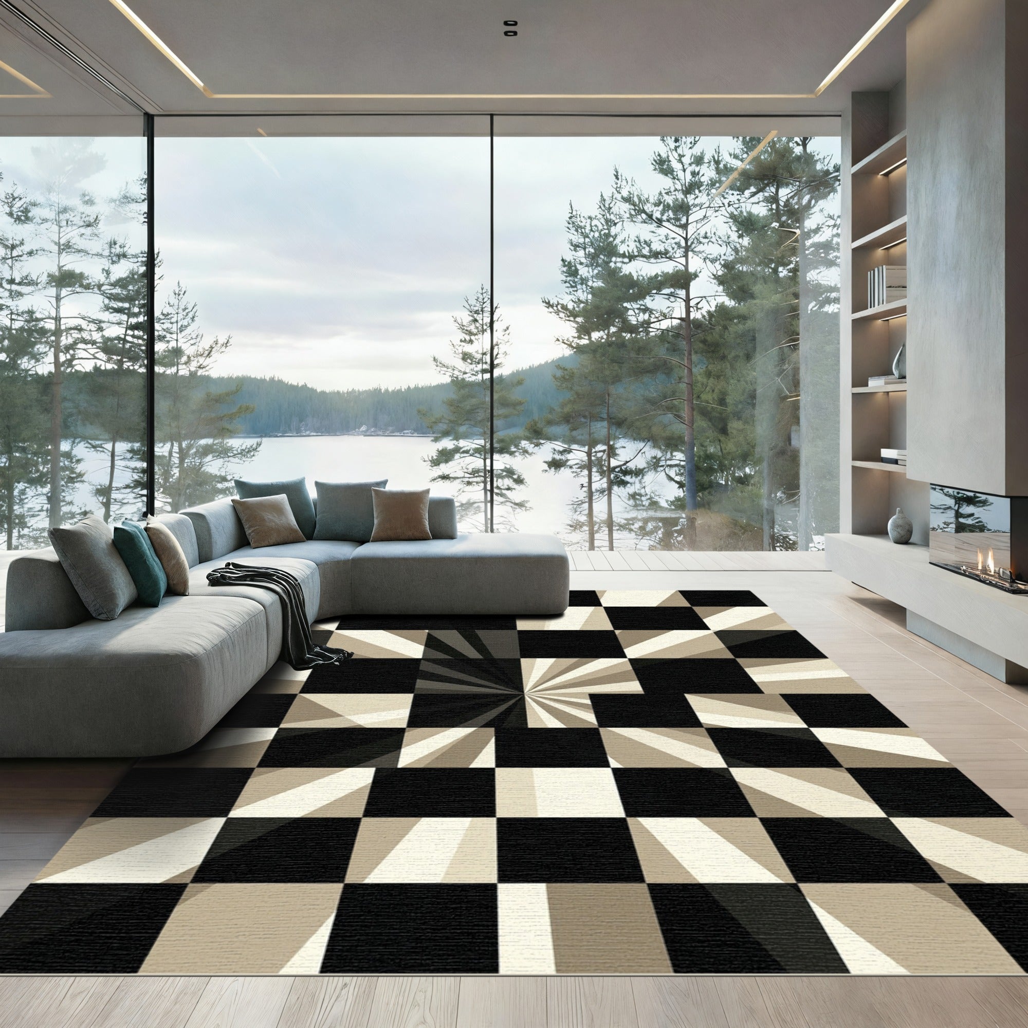 Modern Monochrome Geometric Radiant Checkerboard Rug