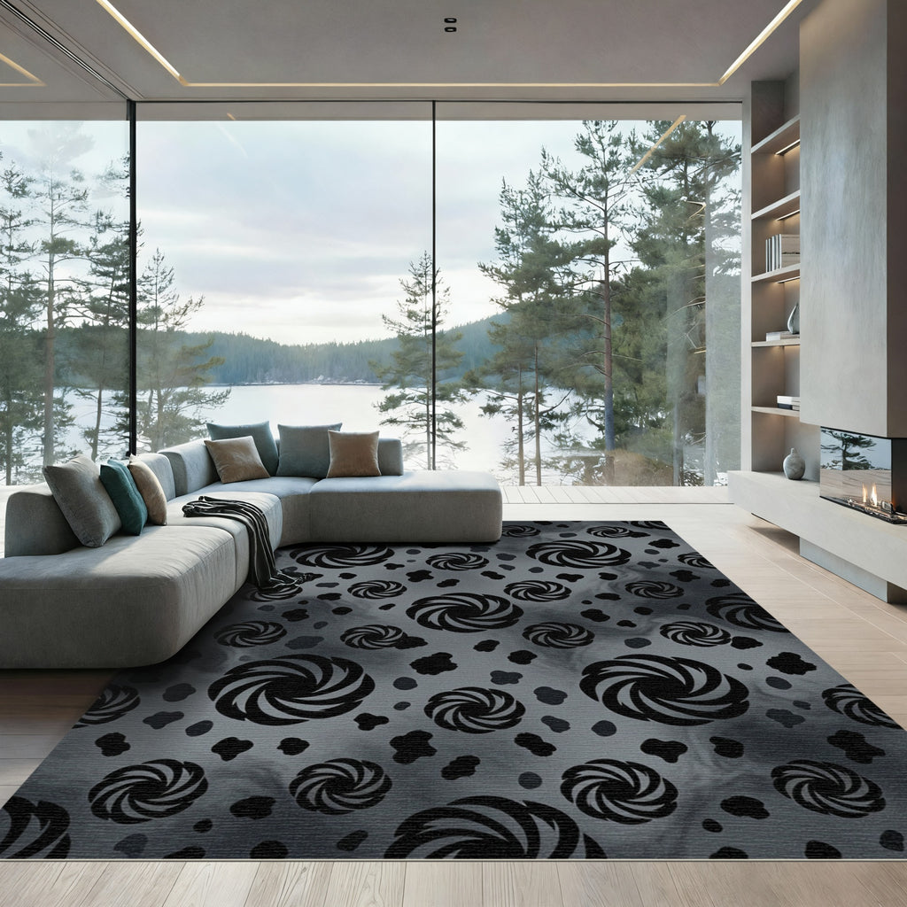 Monochrome Swirling Vortex Galaxy Black Rug