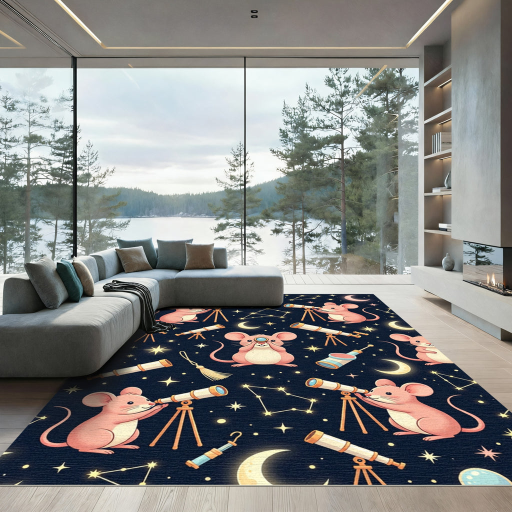 Whimsical Pink Mouse Stargazing Night Sky Rug