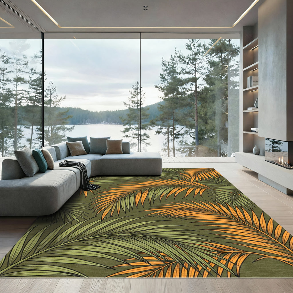 Lush Green and Amber Tropical Palm Rug