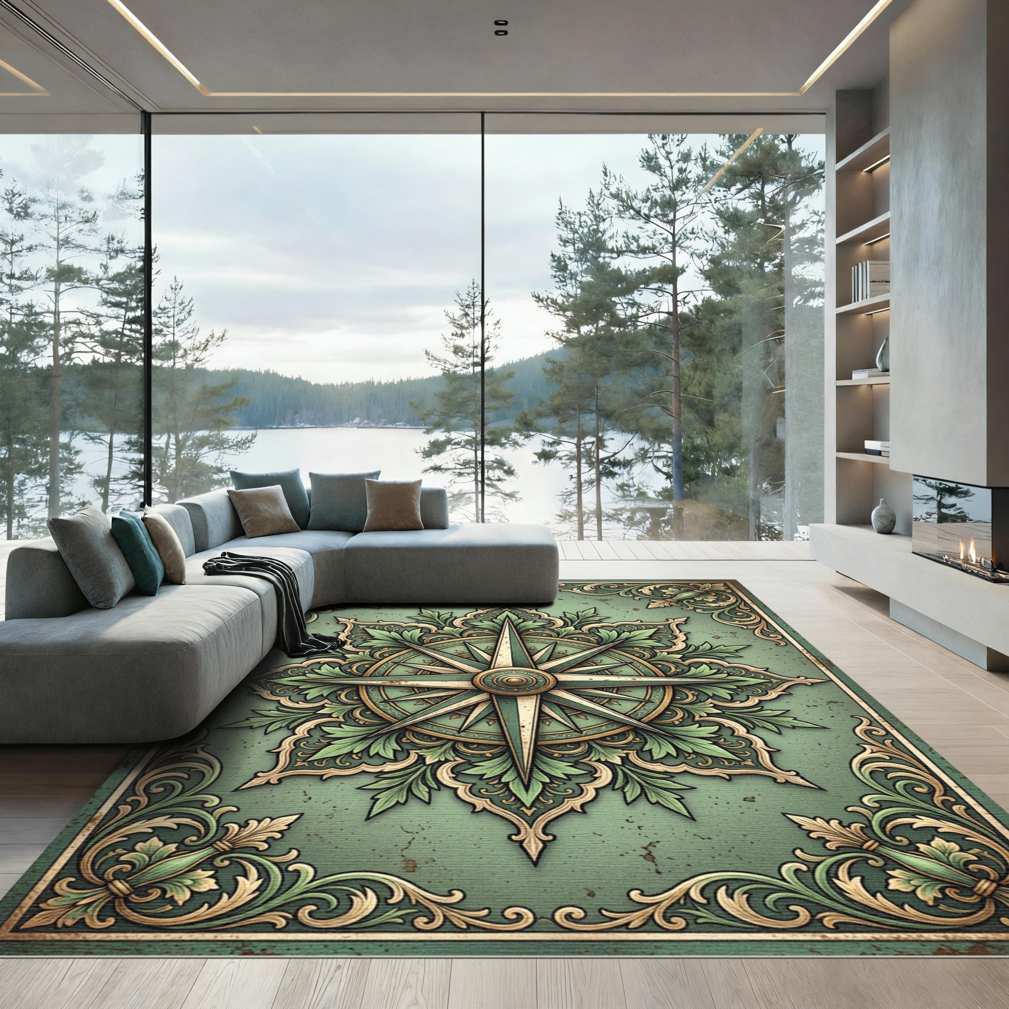 Antique Green Compass Rose Floral Rug