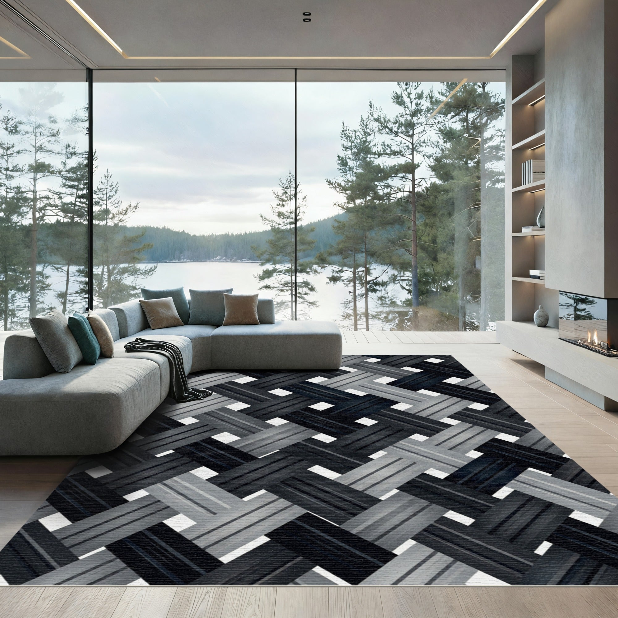 Monochrome Interwoven Charcoal Diagonal Grid Rug