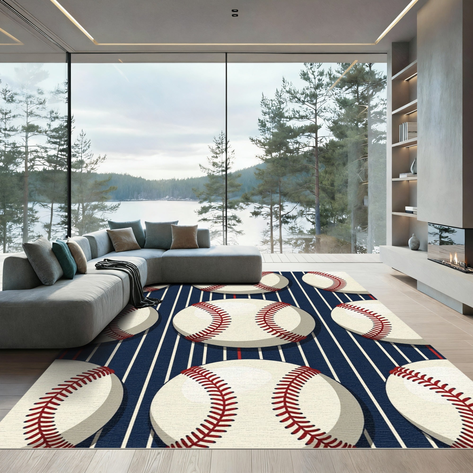 Classic Baseball Navy Striped Graphic Rug
