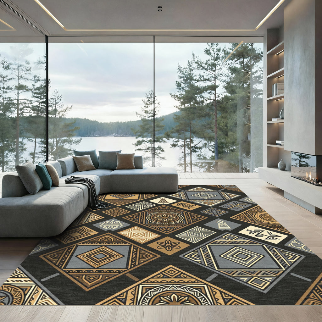 Brown Gold Khaki Geo Squares Diamonds Rug
