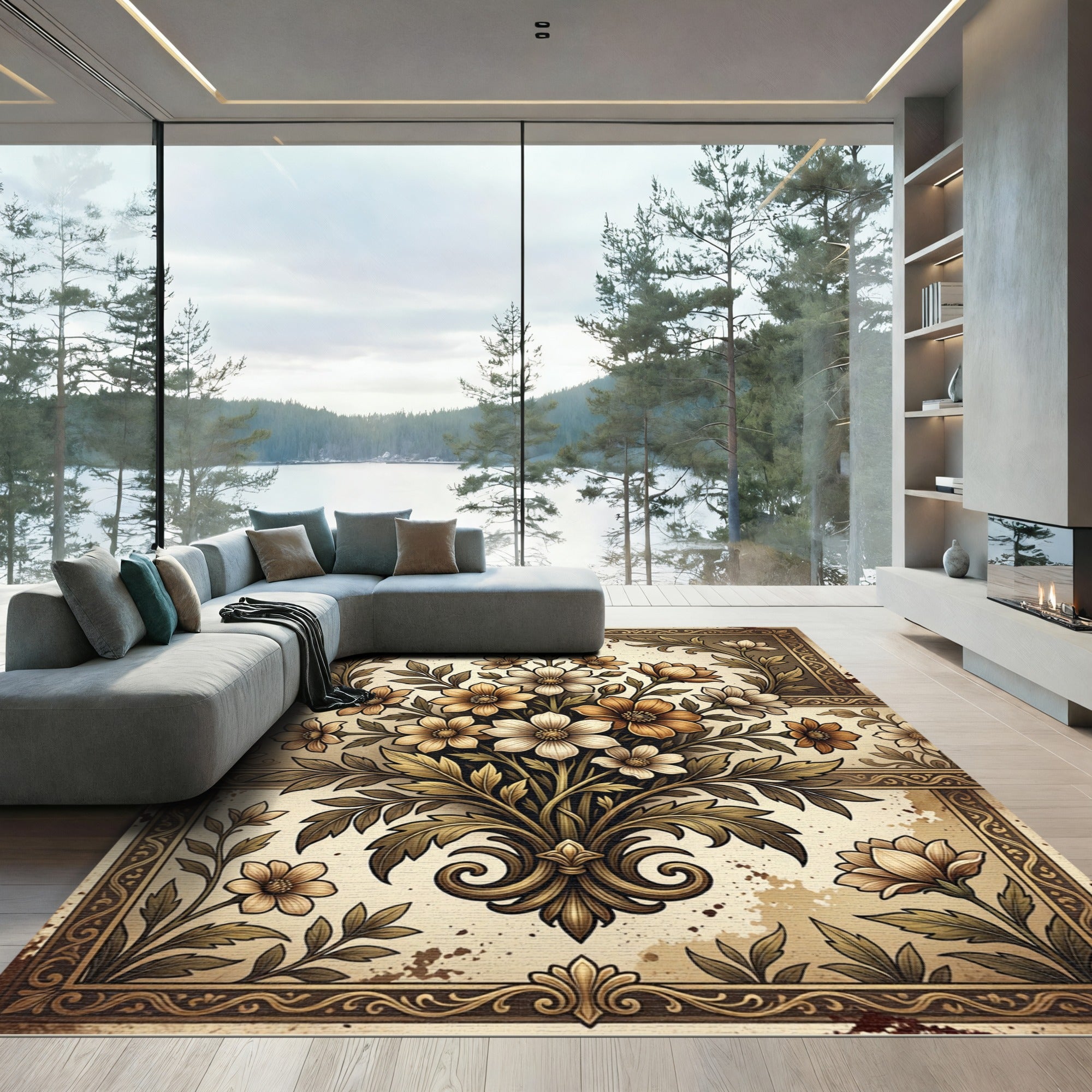 Golden Floral Botanical Sepia Bouquet Rug