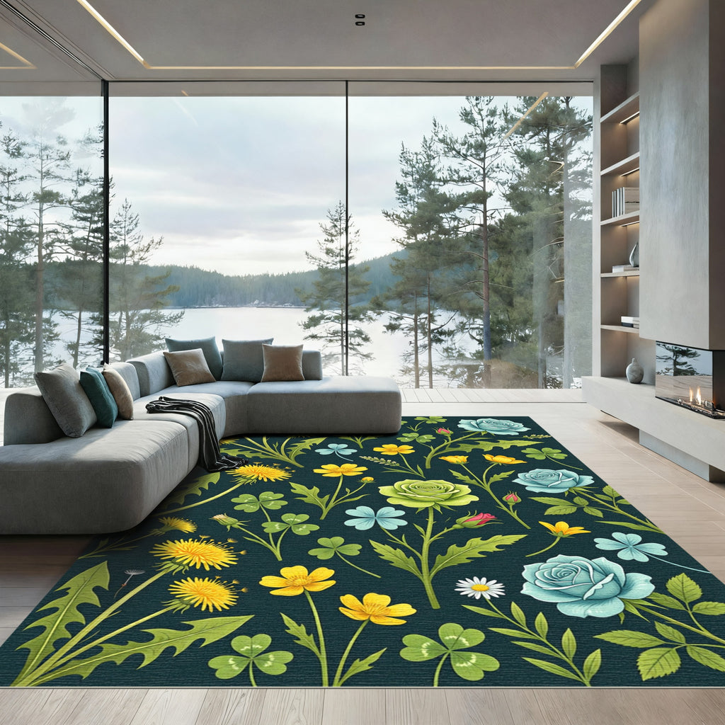 Whimsical Yellow Blue Green Floral Garden Rug
