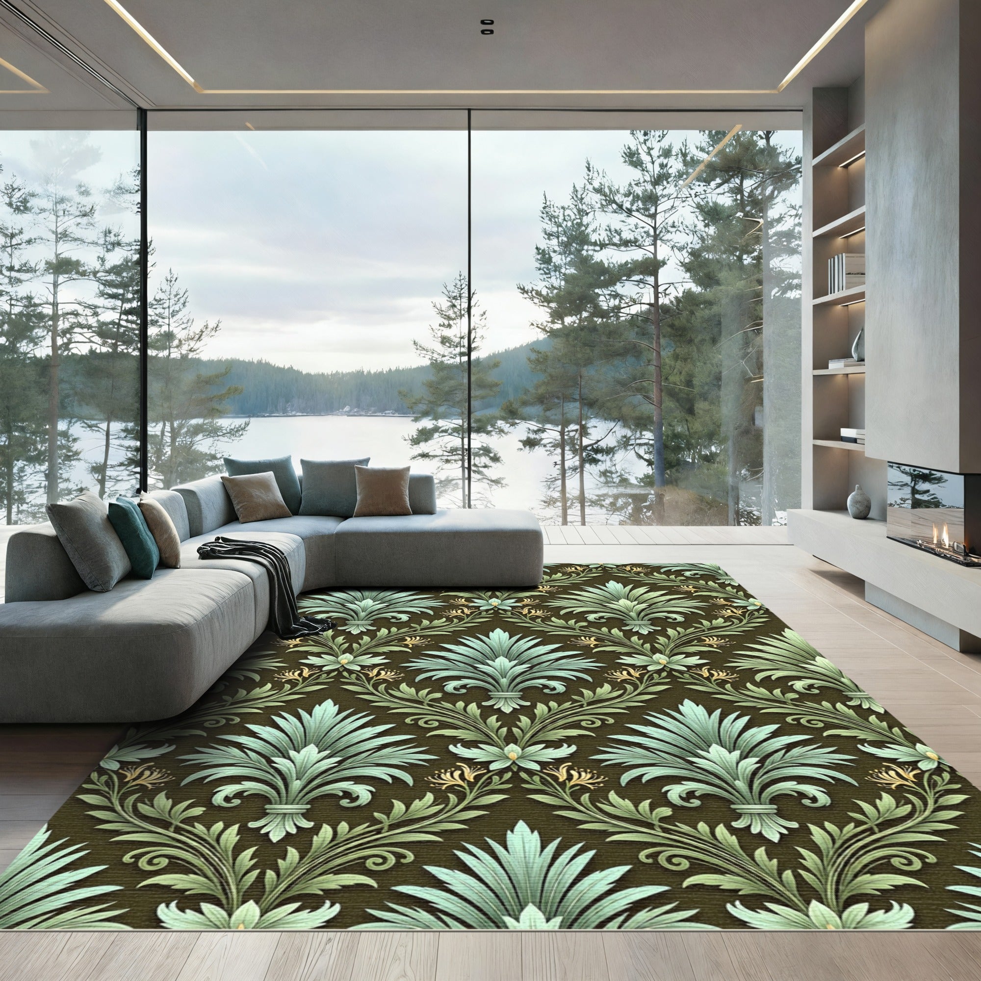 Jade Green Floral Acanthus Damask Rug