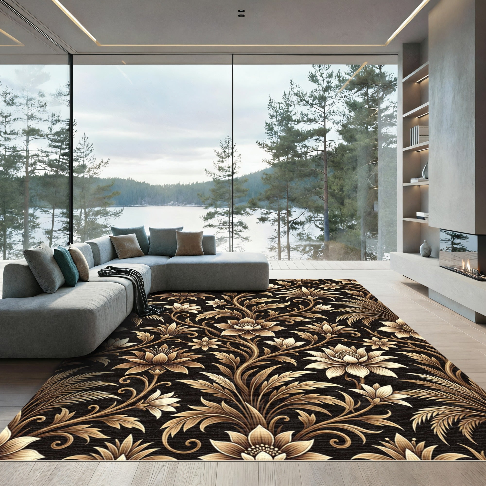 Ornate Gold Floral Vine Overlay Rug