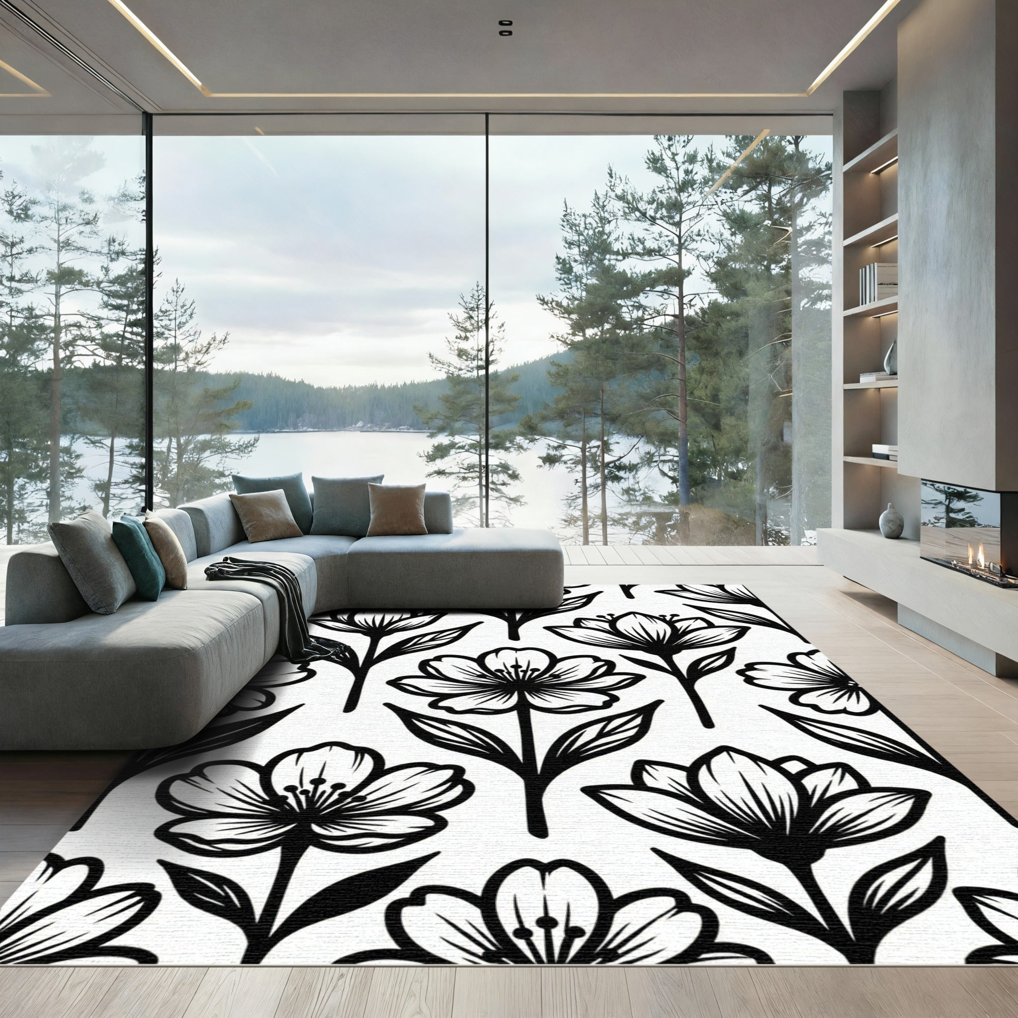 Black and White Floral Botanical Rug