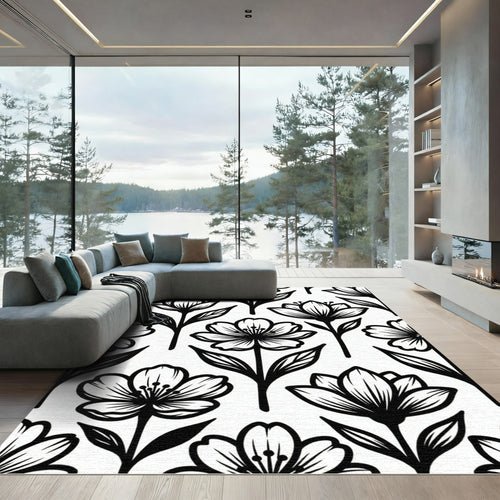 Black and White Floral Botanical Rug
