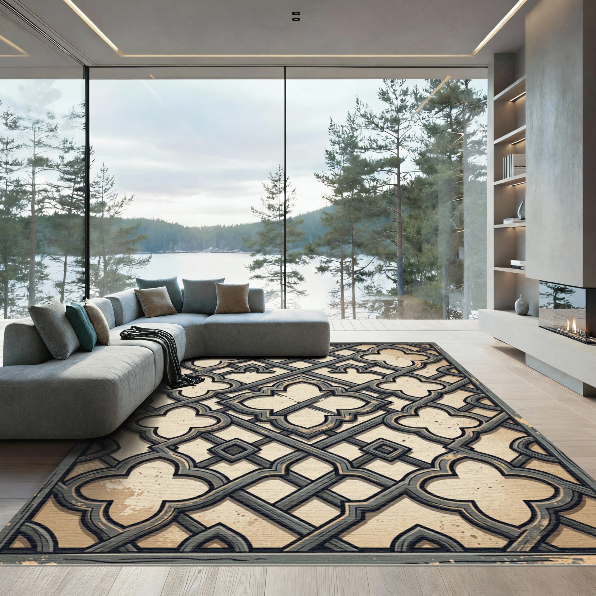 Gray Quatrefoil Lattice With Diamond Accents Rug