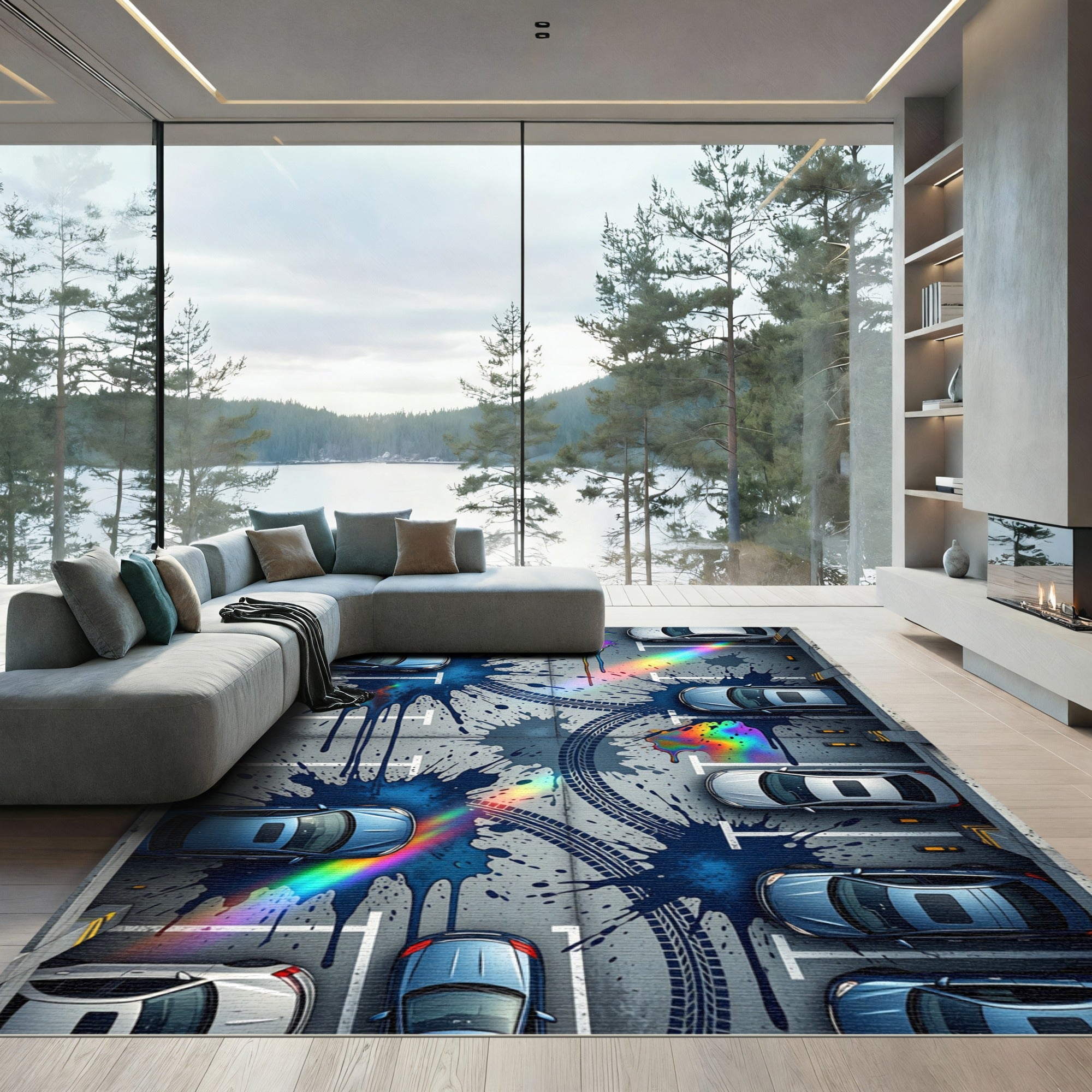 Abstract Blue Rainbow Tire Splatter Rug