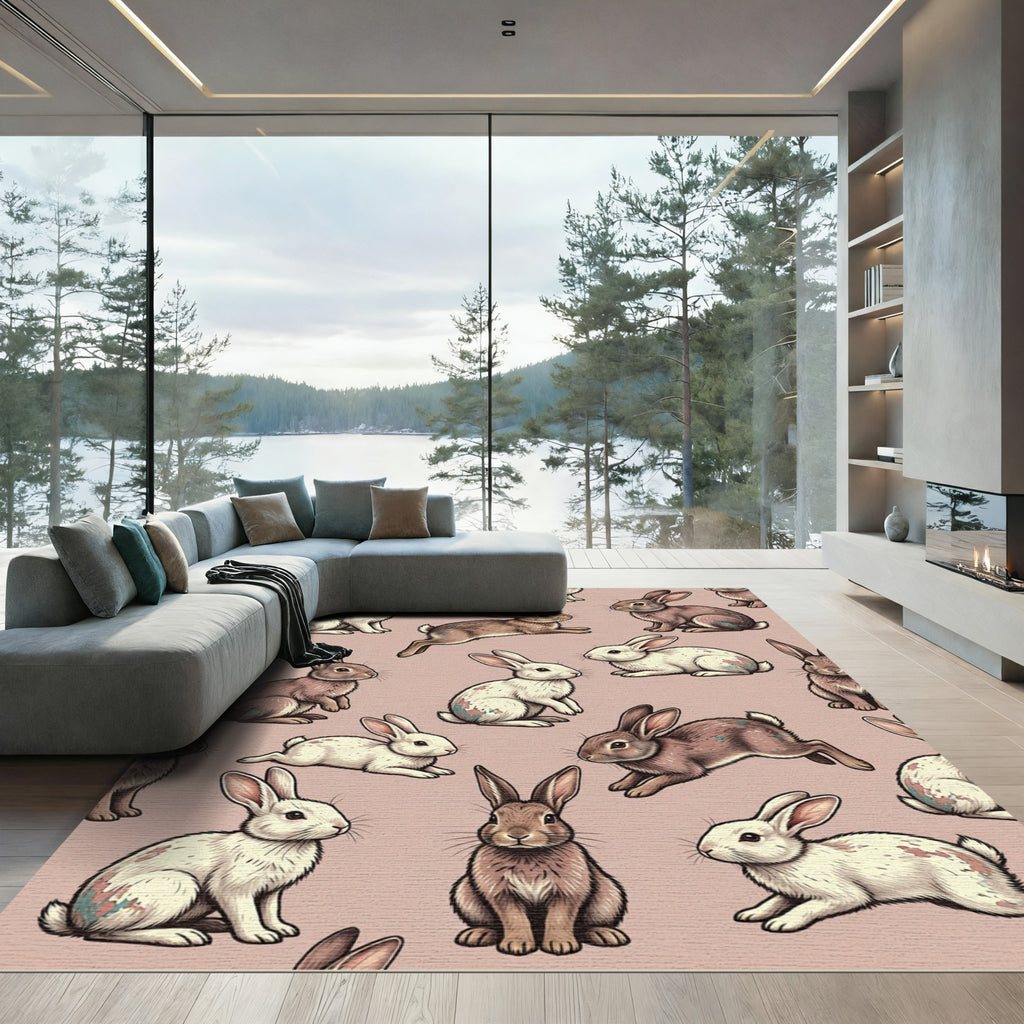 Whimsical Dusty Pink Rabbit Meadow Rug
