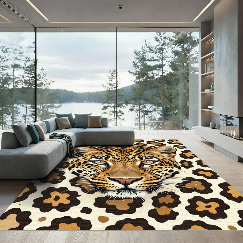 Golden Leopard Face Animal Portrait Rug