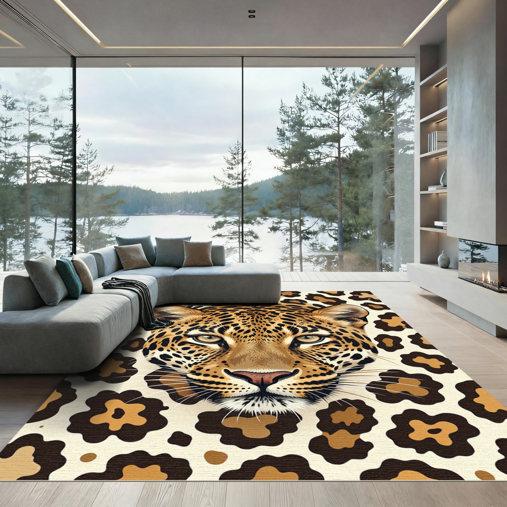 Golden Leopard Face Animal Portrait Rug