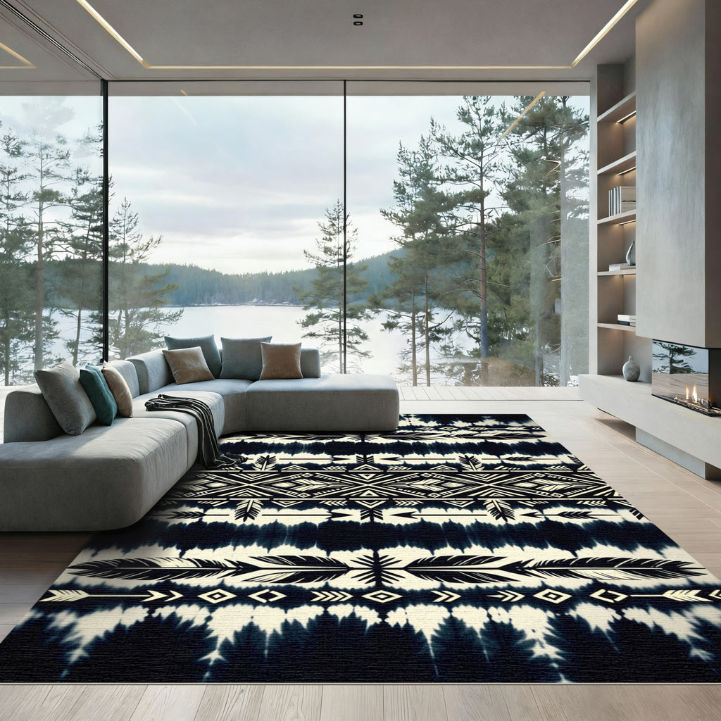Indigo Tie Dye Tribal Arrow Feather Rug