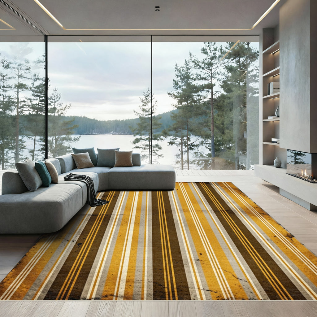 Distressed Amber Golden Ochre Vertical Stripes Rug