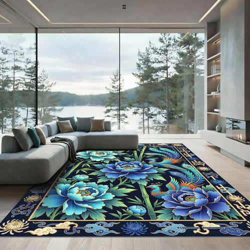 Azure Peony Phoenix Bamboo Garden Rug