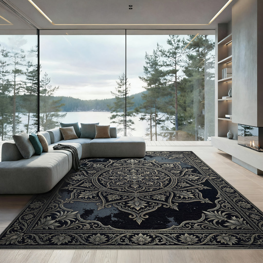 Antique Gold Floral Medallion Black Rug