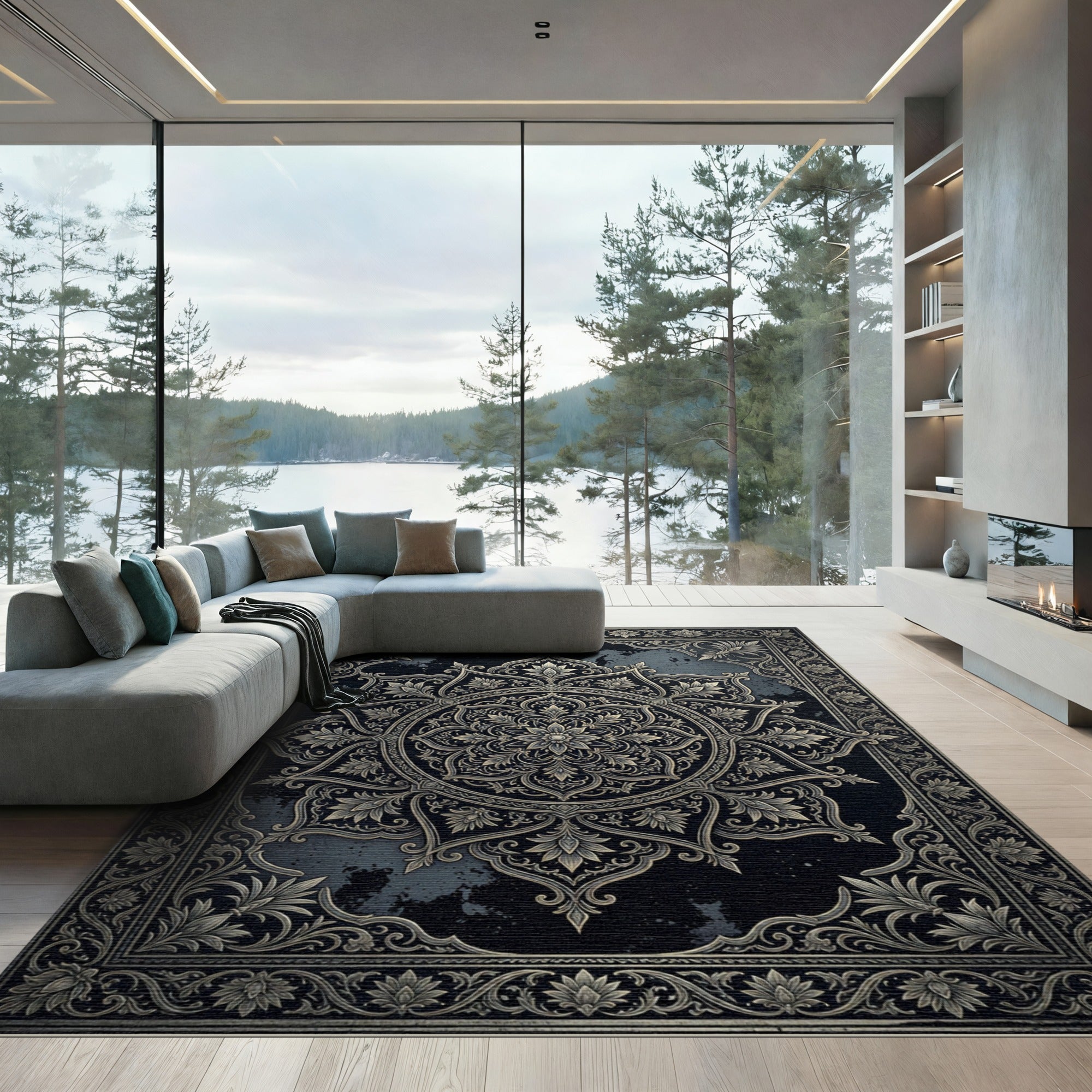 Antique Gold Floral Medallion Black Rug