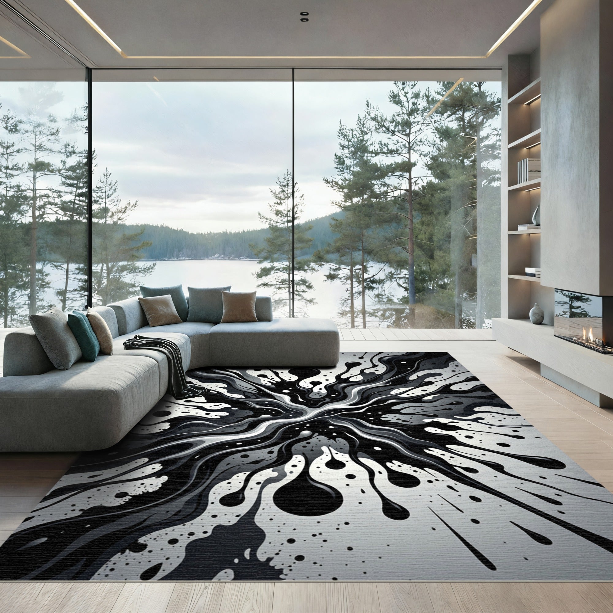 Monochromatic Black Fluid Splash Rug