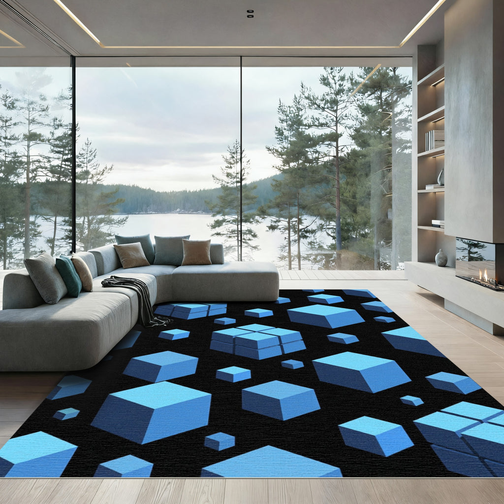 Modern Blue Geometric Floating Cubes Rug